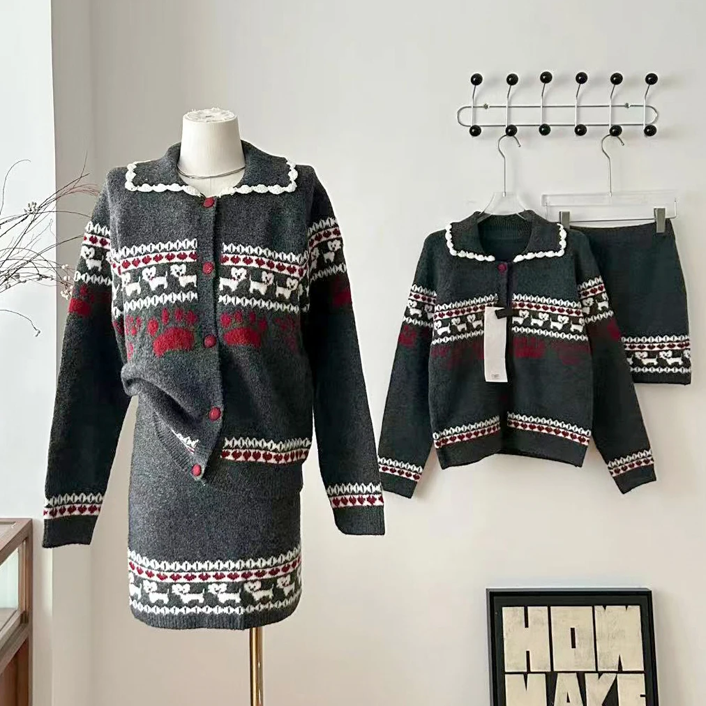 

Женский осенне-зимний элегантный комплект из двух предметов с трикотажной юбкой, женский винтажный свободный кардиган с отложным воротником + мини-юбка