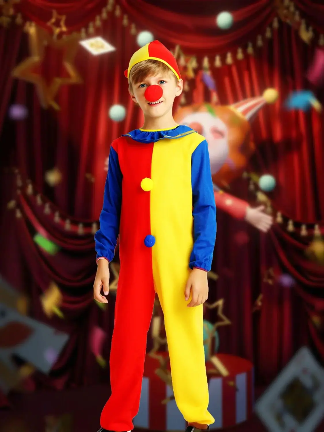Three color clown costume jumpsuit+hat+red nose circus cosplay Christmas carnival Halloween costume fun costumes