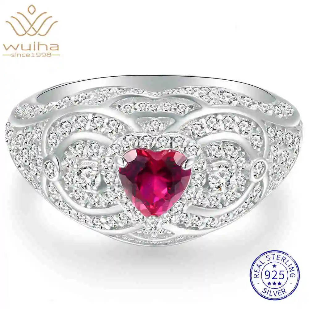 WUIHA 925 Sterling Silver Heart Cut 1 CT Lab Sapphire Ruby High Carbon Diamonds Gemstone Wedding Engagement Rings Fine Jewelry