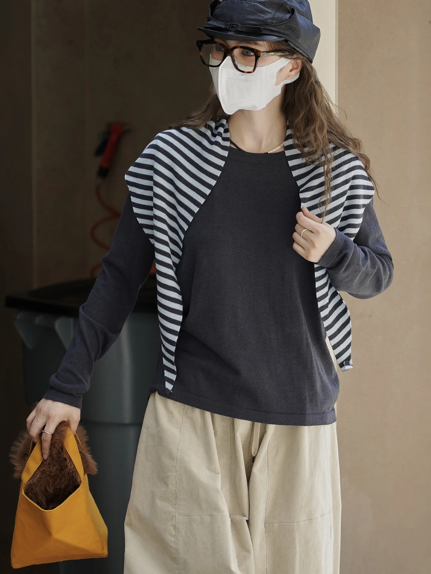 

Autumn New Korean Style Striped Shawl+Simple Knitted Shirt Basic Bai Duo Two Piece Top for Women