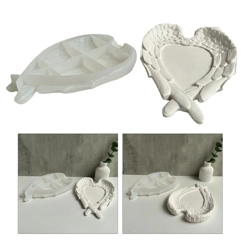 DIY Love Heart Angel Wing Shaped Storage Tray Silicone Mold Feather Dish Jewelry Plate Epoxy Resin Casting Mould Table Ornament