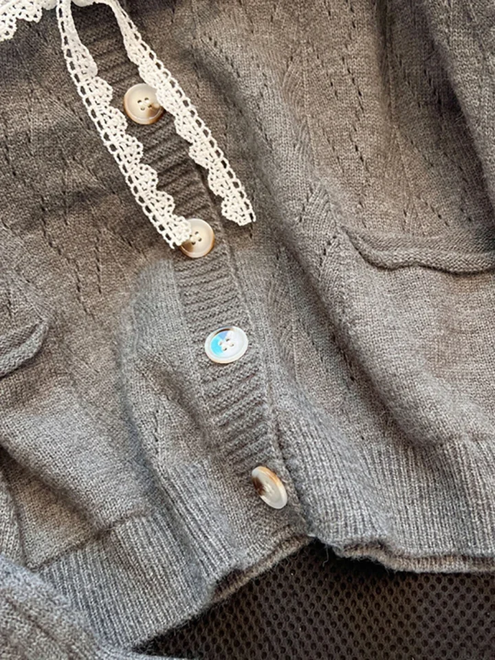 الدانتيل تقسم سترة برقبة على شكل v رمادي طويل الأكمام سترة مشغولة من الصوف المرأة 2025 ربيع الخريف جديد واحدة الصدر كوريا الأعلى #4