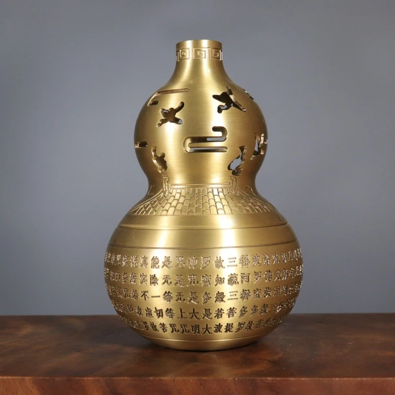 Pure copper Heart Sutra incense burner, open gourd, home craft ornament for office, study, tea table