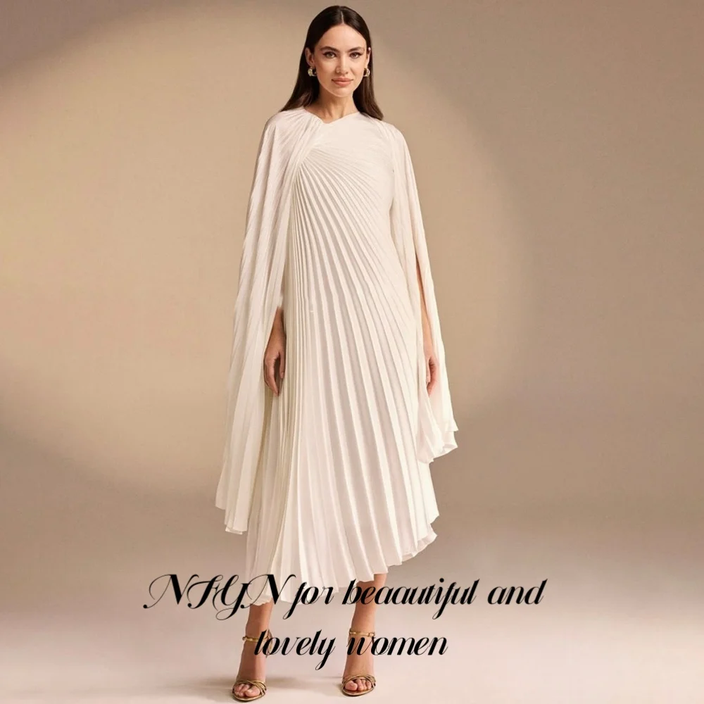 

NFYN Simple Ivory Formal Dress Beach Regular Long Sleeve Prom Dress Pleats O-Neck Stain Evening Gown Robes De Soirée Customized