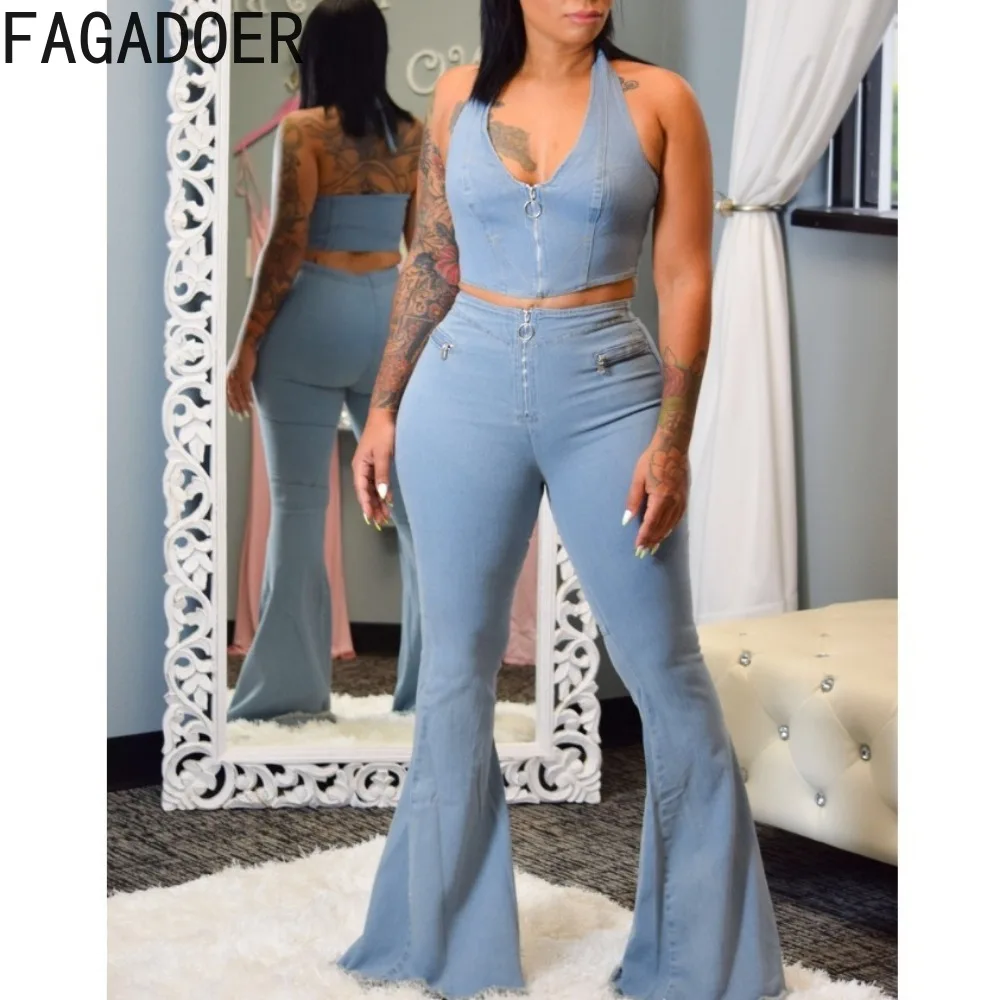 

FAGADOER Blue Fashion Skinny Flare Jeans Pants Two Piece Sets Women Halter Crop Top And Pants Outfits Female Denim 2pcs Outfits