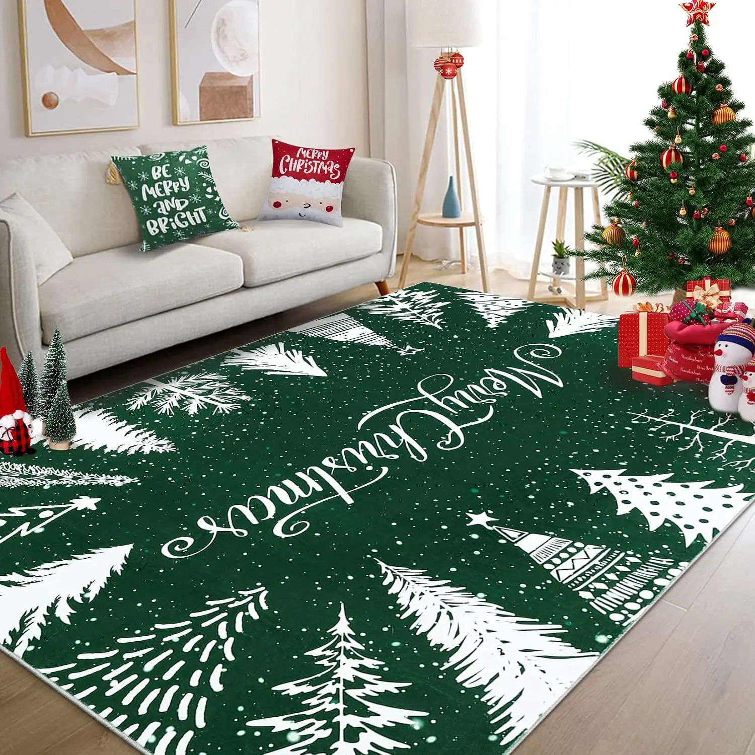 9x12 Extra Large Green Christmas Area Rug Washable Non Slip Soft Carpet Low Pile Stain Resistant Floor Mat Home Decor for Living