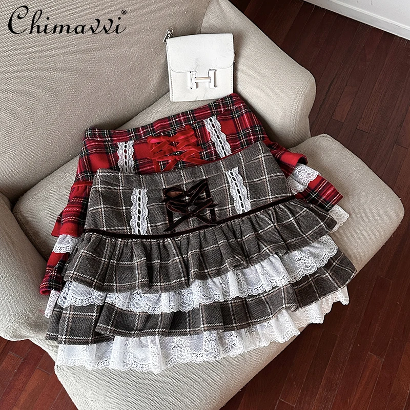 

Lace Splicing Sweet Plaid Puffy Cake Skirt Women's Autumn New Fashion Girl High Waist Bow Temperament Kawaii Short Skirts