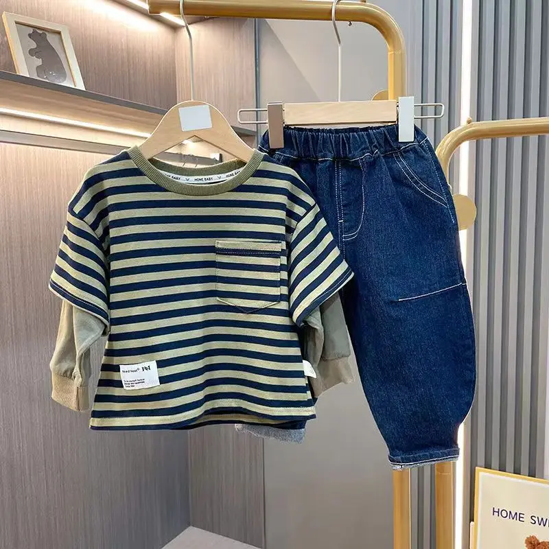 

Boys' Clothing Set New Spring and Autumn Children's Pure Cotton Fake Two Piece Striped T-shirt Jeans Two Piece 1-5Y