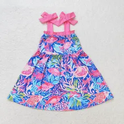 New rts baby girl summer dress wholesale boutique seaweed fish pink lace suspender girls dresses