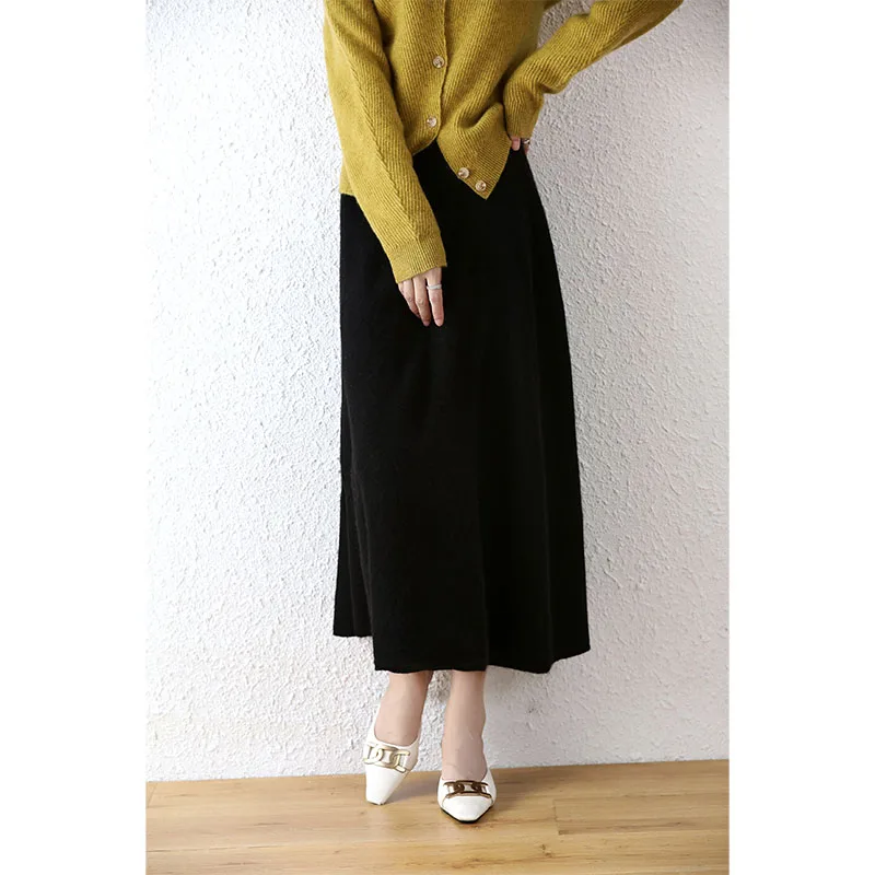 Flat 100% Pure Wool Knitted Skirt Solid Color High Waist Medium Length Cashmere Versatile A-line Fashion Elegant Umbrella Skirt