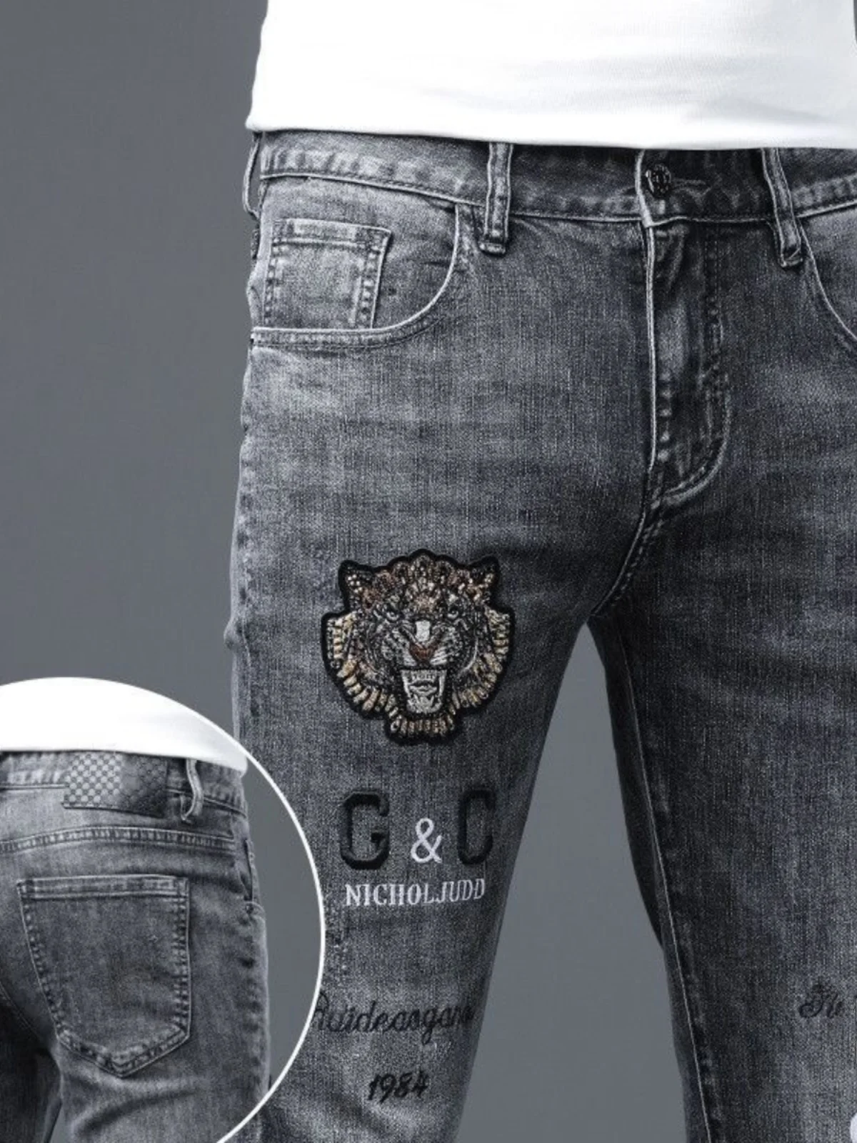 

Trendy Embroidered Slim Fit Casual Jeans Men's e ey Elastic Slimming Lightweight Straight Leg Jeans Youth Summer Faion