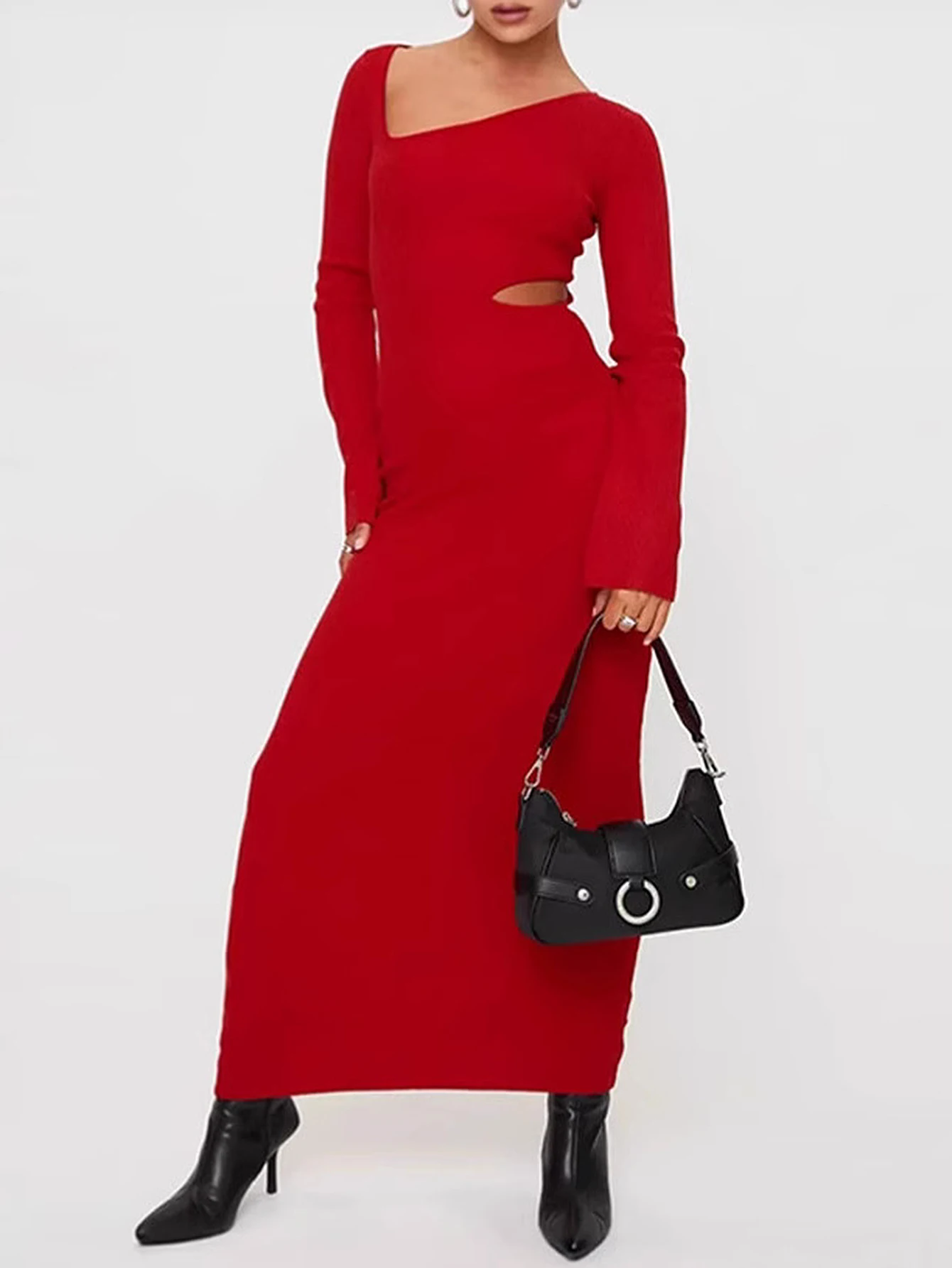 เดรสยาวแขนยาวทรงดินสอสำหรับผู้หญิง สไตล์เรียบหรู ดูเซ็กซี่ เหมาะสำหรับใส่ออกเดท ดีไซน์เว้าแบบไม่สมมาตร แต่งรู  สำหรับฤดูร้อน