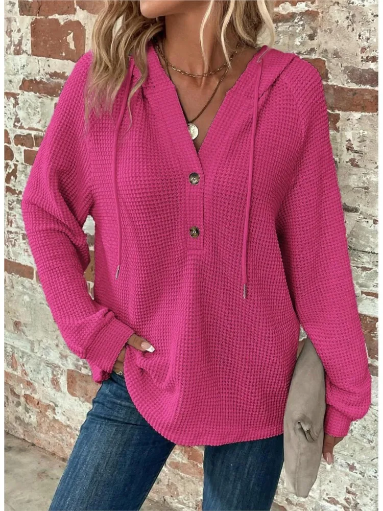 Women's Knitted Hoodies Autumn Winter Long Sleeve V-Neck Sporty Casual Hooded Sweatshirt Women Zipper Drawstring Pullovers