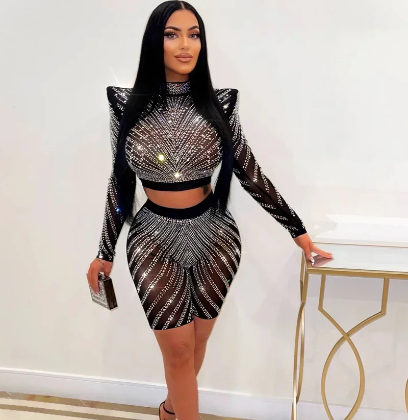 

GUWU Sext Party Diamonds Women's Set Long Sleeve T-shirt + Knee Length Pants Suit Hot Rhinestones Two 2 Piece Set Outfit