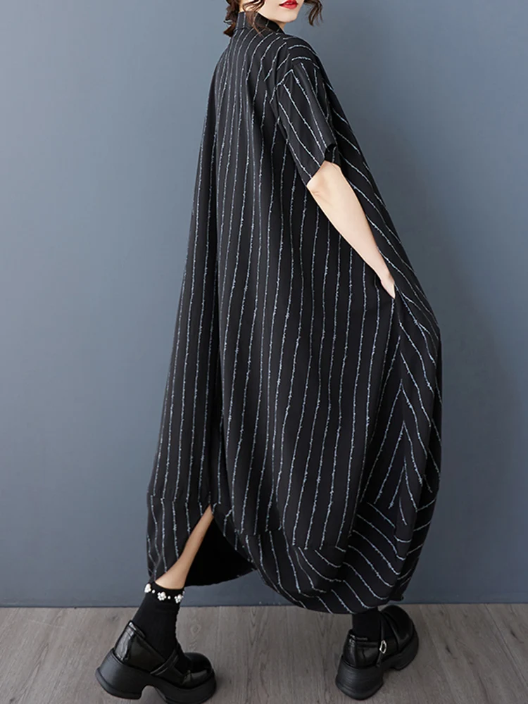 Abiti camicia oversize vintage a righe irregolari per le donne Estate nuova manica corta allentata abito lungo casual abbigliamento elegante 2025