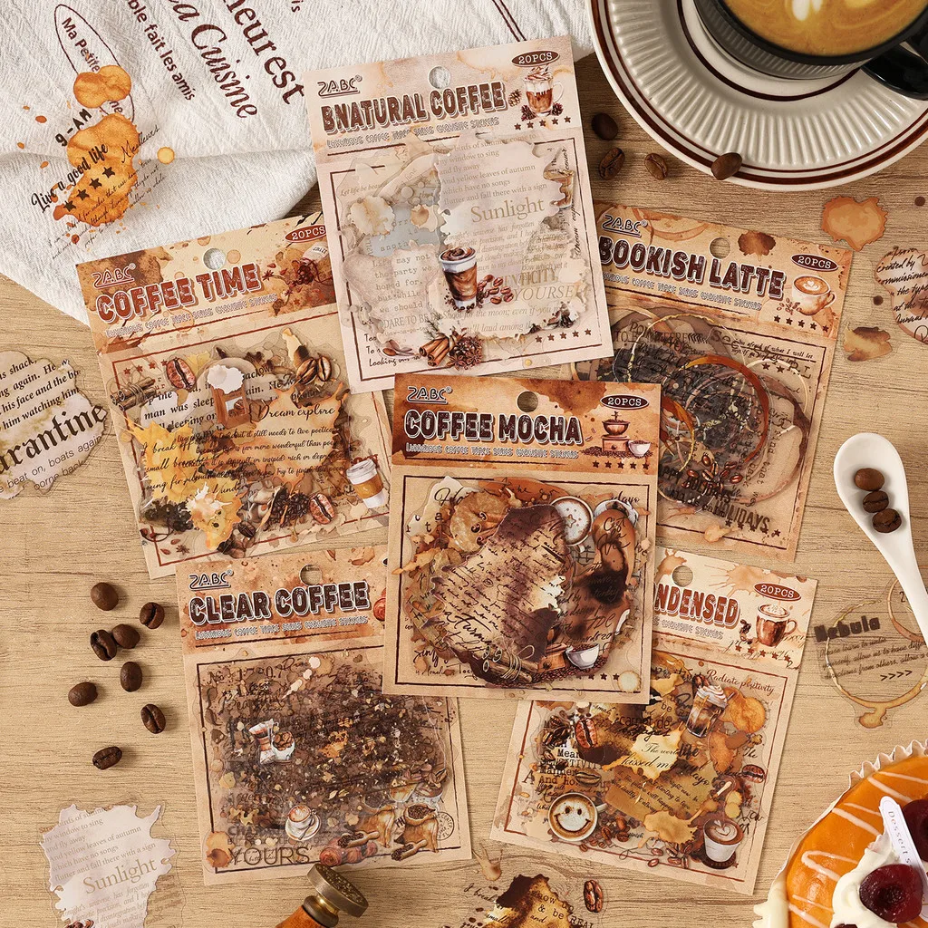 

20 шт. винтажных кофейных наклеек, прозрачные ПЭТ-стикеры в ретро-стиле для журналов, скрапбуков, ноутбуков, бутылок для воды, декоративные наклейки