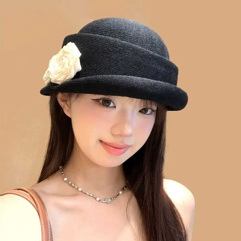

Vintage French Style Camellia Flower Cap Elegant Hepburn Floral Bowler Hat Curl Brim British Women's Formal hat Famale