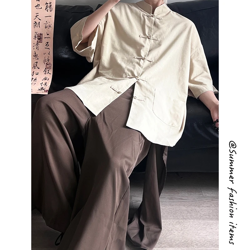 

M-5XL Plus Size Men's Casual Kung Fu Shirt Short Sleeve Mandarin Collar Frog Button Loose Retro Summer Clothing Plain Color Top