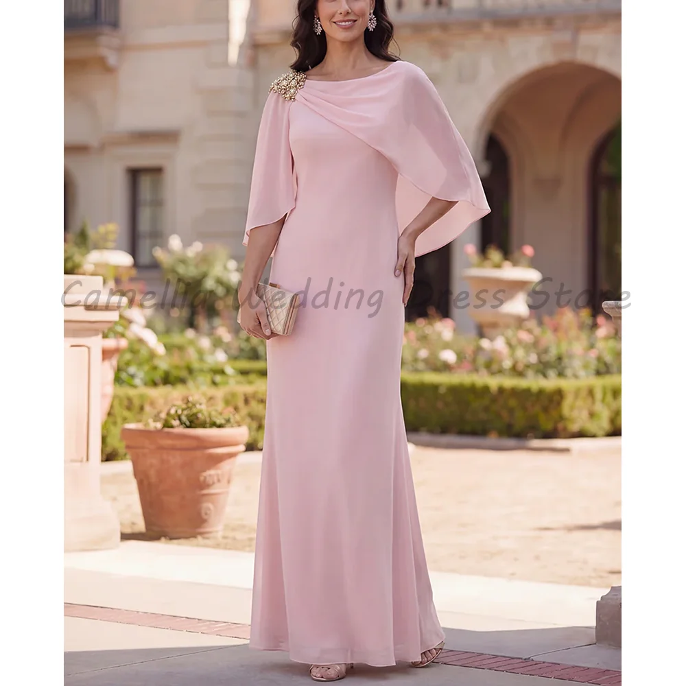 

Elegant Blush Pink Chiffon Formal Evening Dress Cape Sleeve Gold Beaded Neckline Sheath Mother Of The Bride Gown For Women