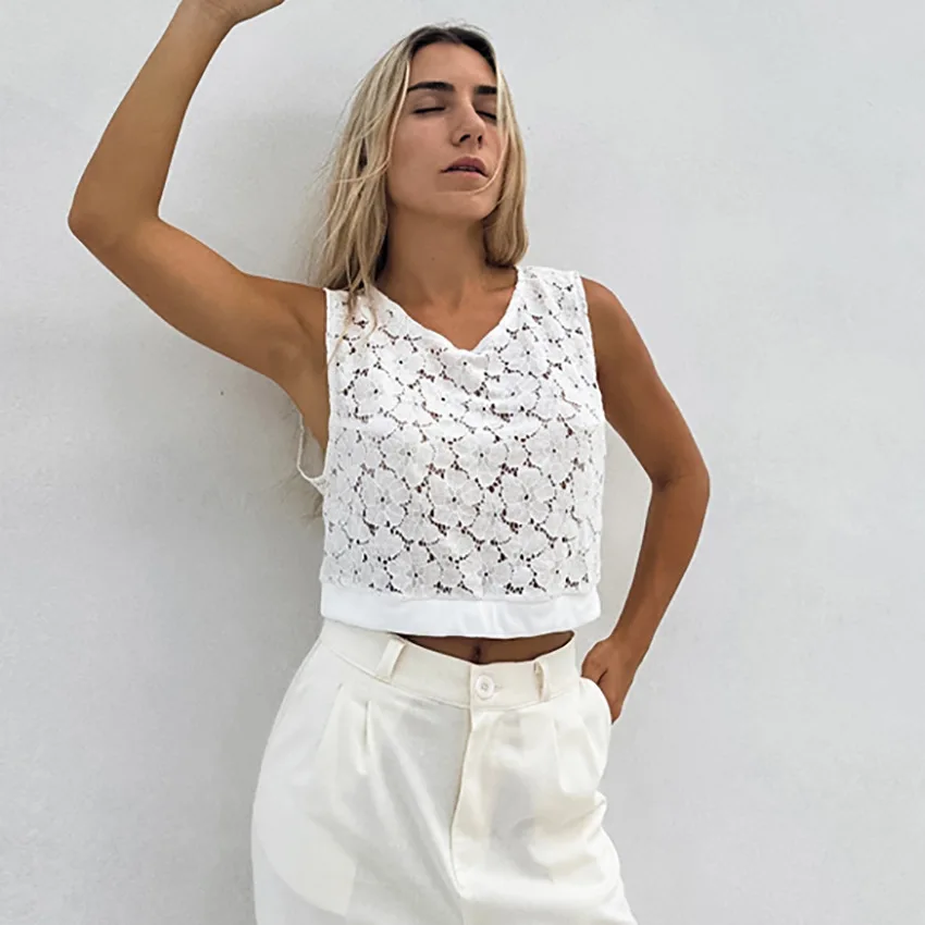Summer Wind Fashion Hollow Pullover Lace Vest Women's Short White V-neck Sleeveless Top Women's Clothing