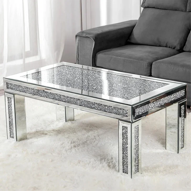 Glass Top Diamond Mirrored End Table Bed Coffee Side Table for Living Room
