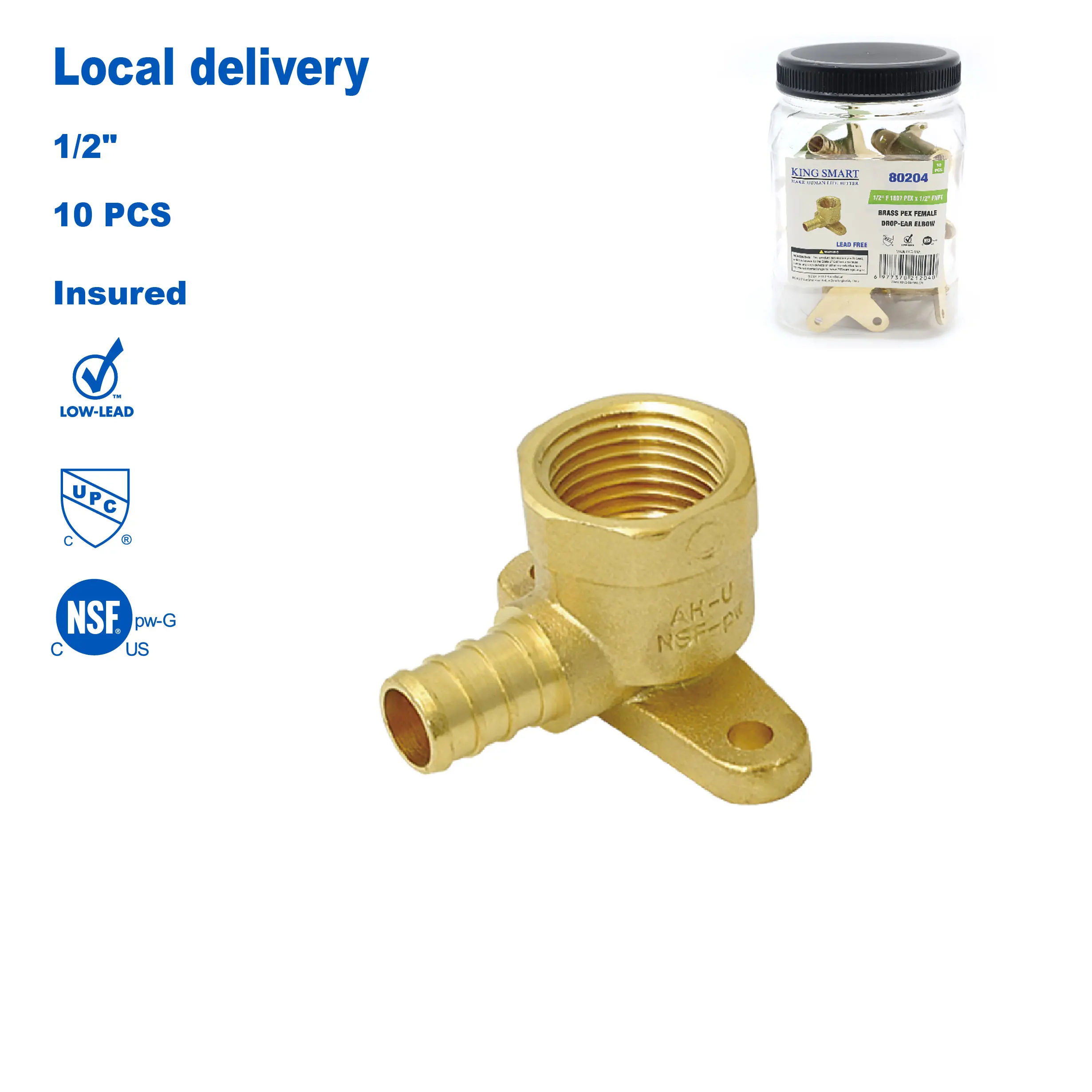 

KING SMART Crimp/F1807 PEX 1/2" * 1/2" Female NPT Drop Ear Elbow; Lead Free Brass; 10Pcs/Case; 80204