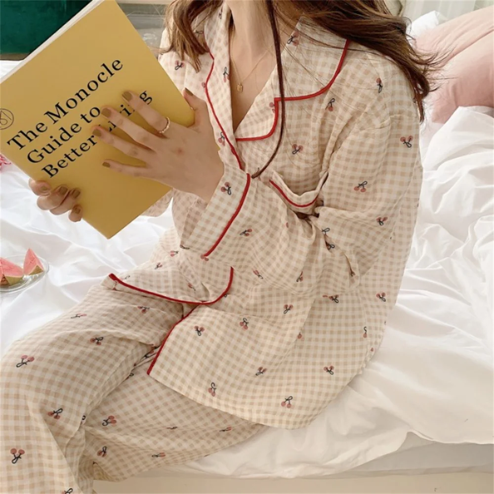 Autumn Women‘s Pajamas Set Cherry Plaid Print Sleepwear Long Pants Homewear Female Nightwear Lady Pyjamas Loungewear