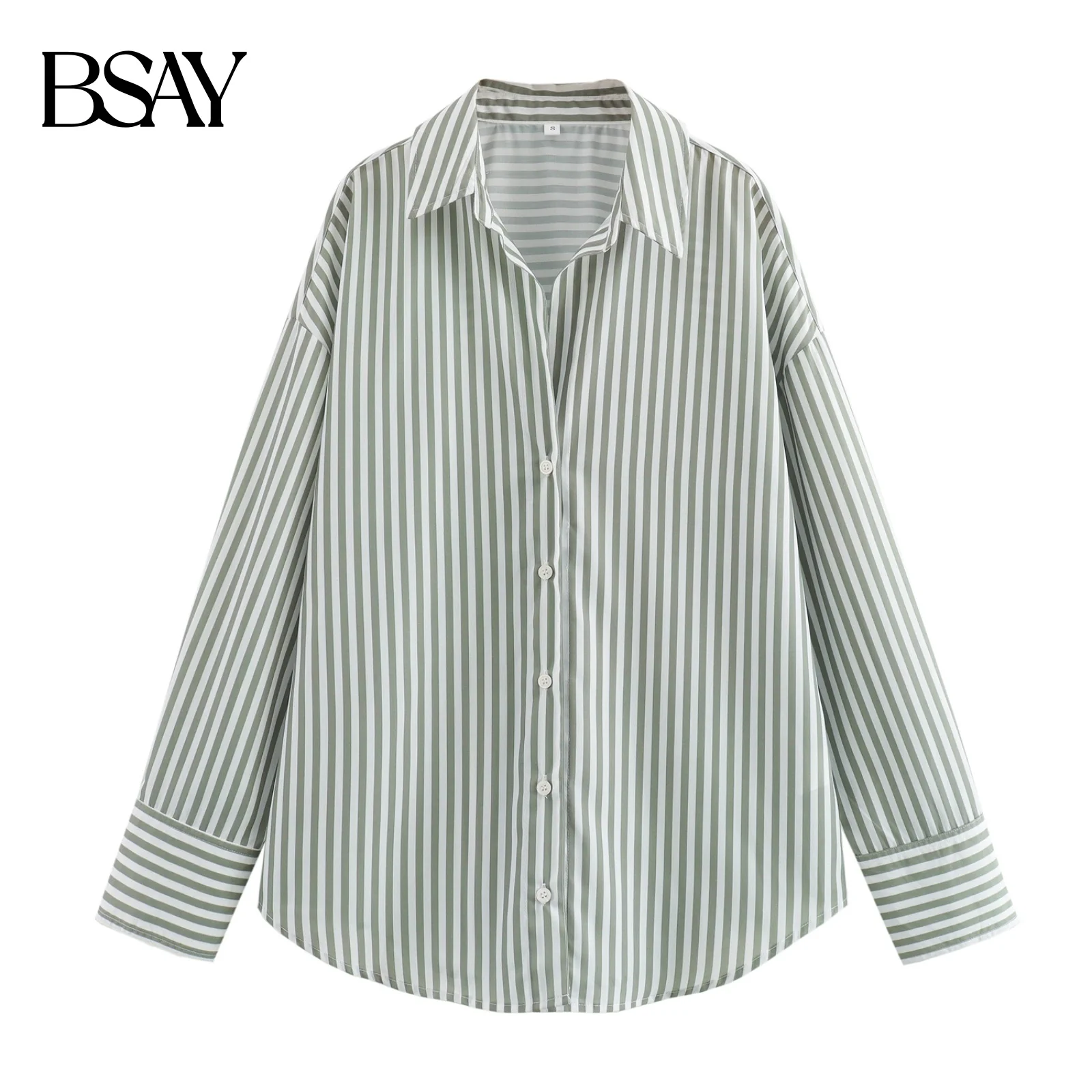 BSAY المرأة موضة جديدة شريطية الأساسية البوبلين كم طويل واحدة الصدر التلبيب بلوزة الشارع الملابس قميص شيك السيدات