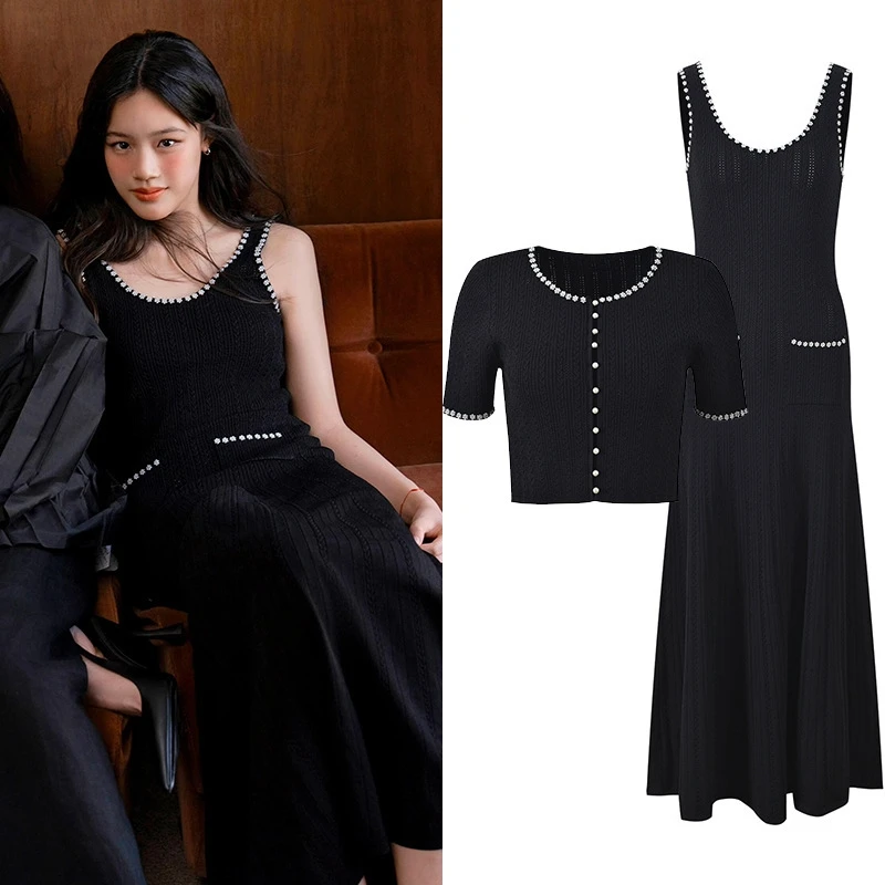 Women Black Cardigan Tank Dress Diamond Flower Pearl Trim Single-Breasted Short-Sleeve Top For Her Elegant Autumn Date Night