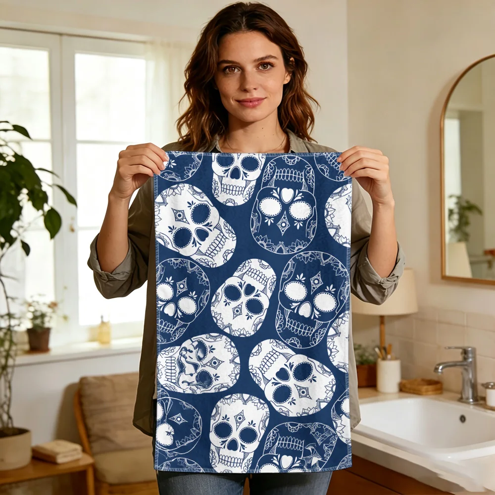 1pc/2pcs Sugar Skull Print Kitchen Towel-Super absorbent, reusable polyester dishcloths perfect for home decor, cooking, baking