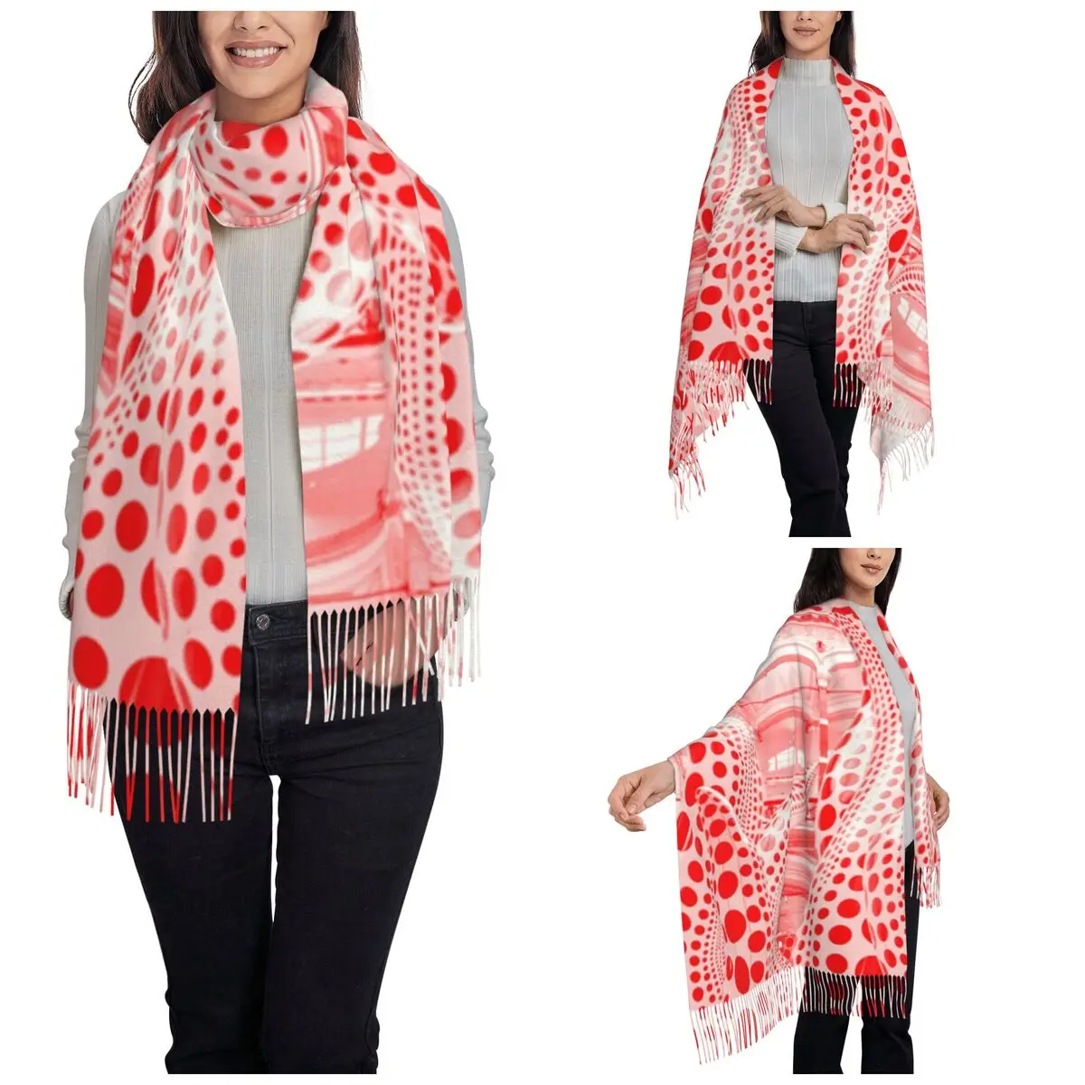 Womens Tassel Scarf Yayoi Kusama Dots Single-sided Pattern Super Soft Shawl and Wrap Daily Wear Cashmere Scarf