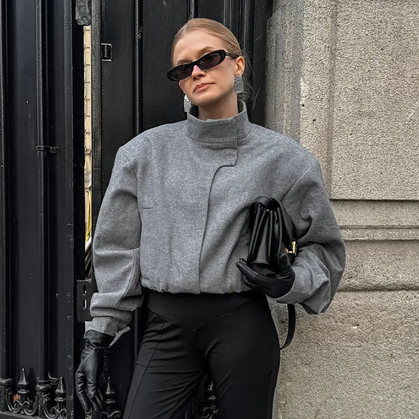 تنوعا رمادي الخريف المرأة معطف الصوف الوقوف طوق متبل زر مطاطا هيم سترة لسيدة نمط غير رسمي الإناث السترة