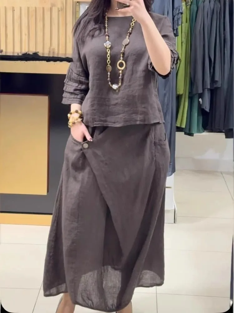 Cotton Linen Skirt Set For Spring Summer New Women's Clothing Fashion Pile Sleeves Casual Solid Color Loose Skirt Two-piece Set