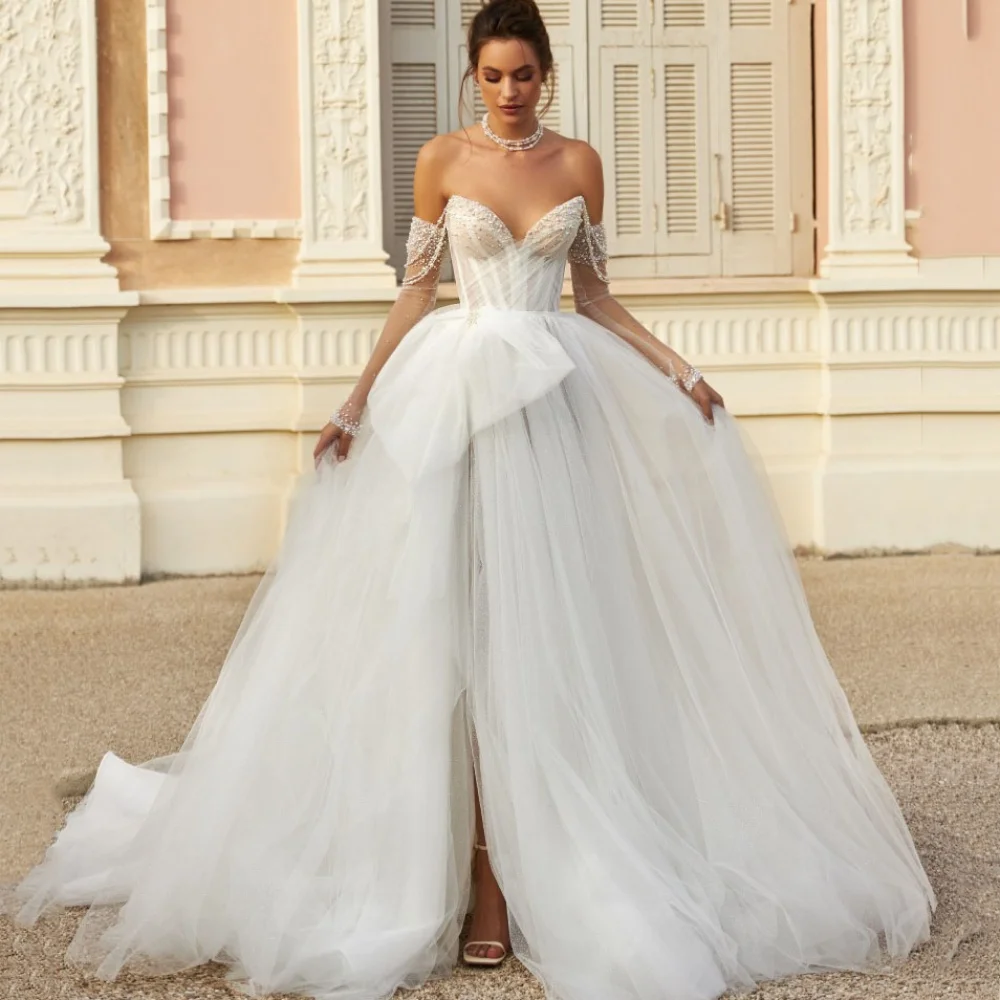 Customized Luxury Wedding Dress Tulle A Line Modern Bride Dresses Beading Off Shoulder Bridal Gowns Sequined  Vestidos De Novia