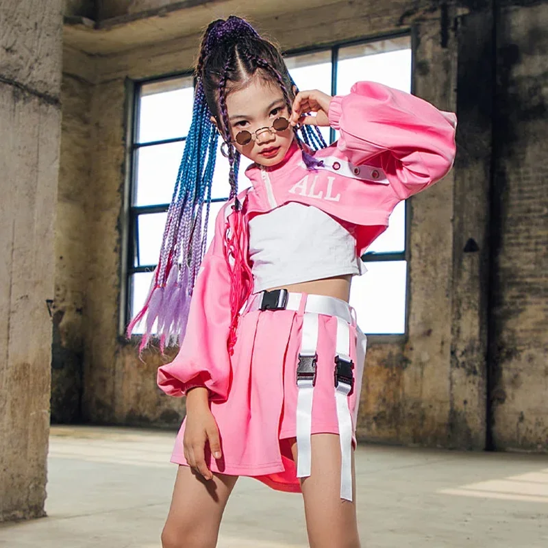 

Новая детская одежда в стиле хип-хоп, розовый красивый комплект для уличных танцев, осенняя джазовая одежда для девочек, детская одежда для выступлений на сцене с изображением кота