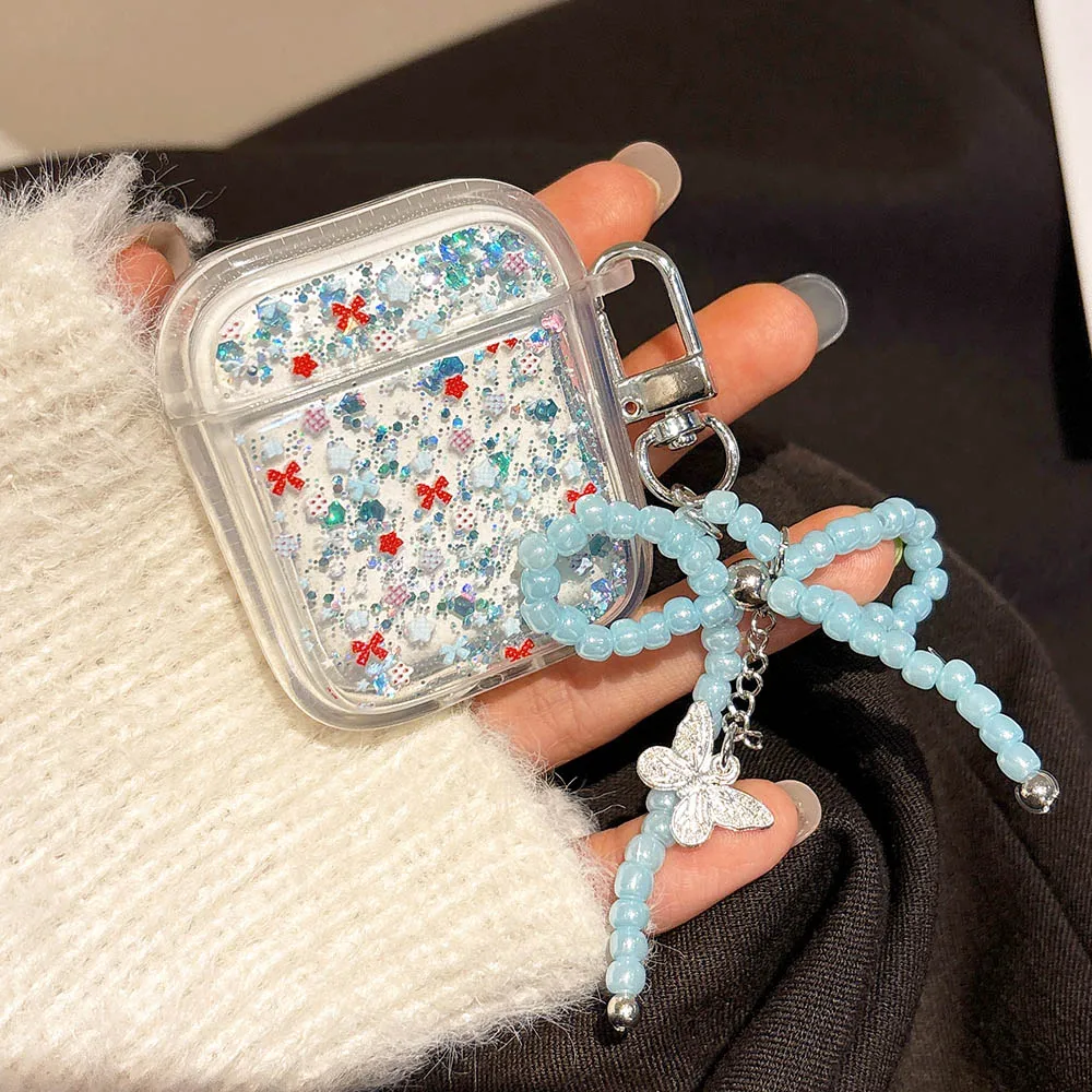 INS Glitter Blue Bowknot Pendant Shiny Star Headphone Case For Airpods Pro 2nd 4 1 2 Eaerphone Charging Box Cover For Airpod 3