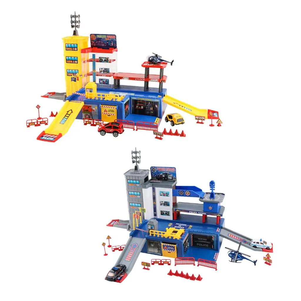 DIY Plastic Politie Parkeerplaats Speelgoedmodelset met Helikopter en Auto's voor Kinderen Jongens Meisjes Interactief Spel