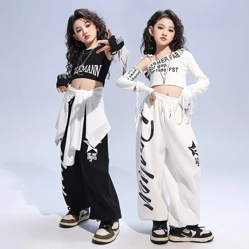 طفل الهيب هوب الملابس البيضاء واحد الكتف المحاصيل الأعلى تي شيرت أسود تانك عارضة عرق عداء ببطء السراويل للفتيات أزياء رقص الملابس