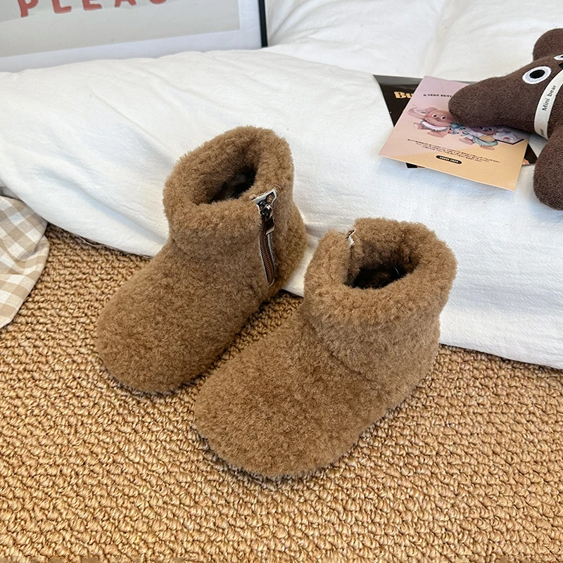 Outdoor Kids Ankle Plush Boots Warm Flurry Soft Boy Girl Causal Ankle Boots Round-toe Side Zipper Children Fashion Cotton Boots