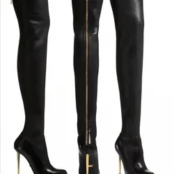 New Black Women's Boots Fashionable Solid Color Thin High Heel Metal Back Zipper Over Knee Boots for Women