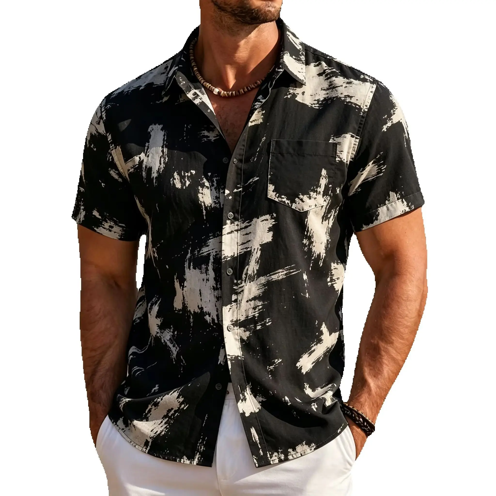 

Men's Abstract Brush Print Short Sleeve Shirt Casual Button Down Summer Beach Hawaiian Style Aloha Shirt