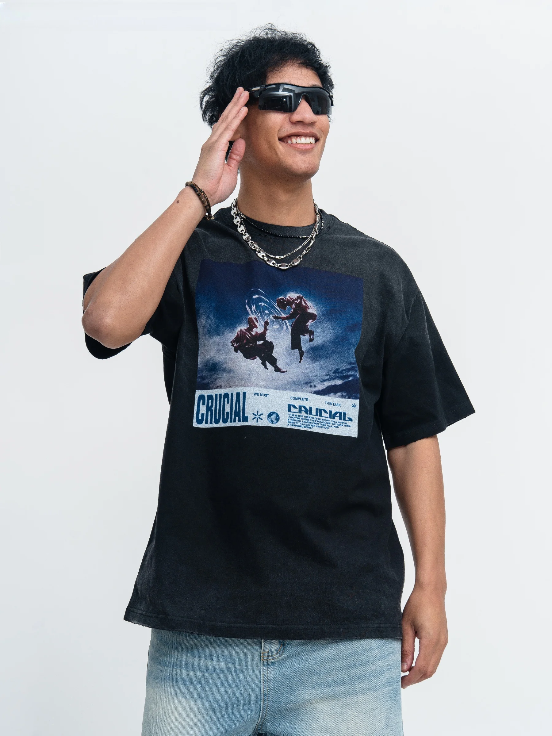 Onesevenine Original Trendy American Streetwear Washed Vintage Gradient 280g Small Collar Short Sleeve Men's T-shirt Summer