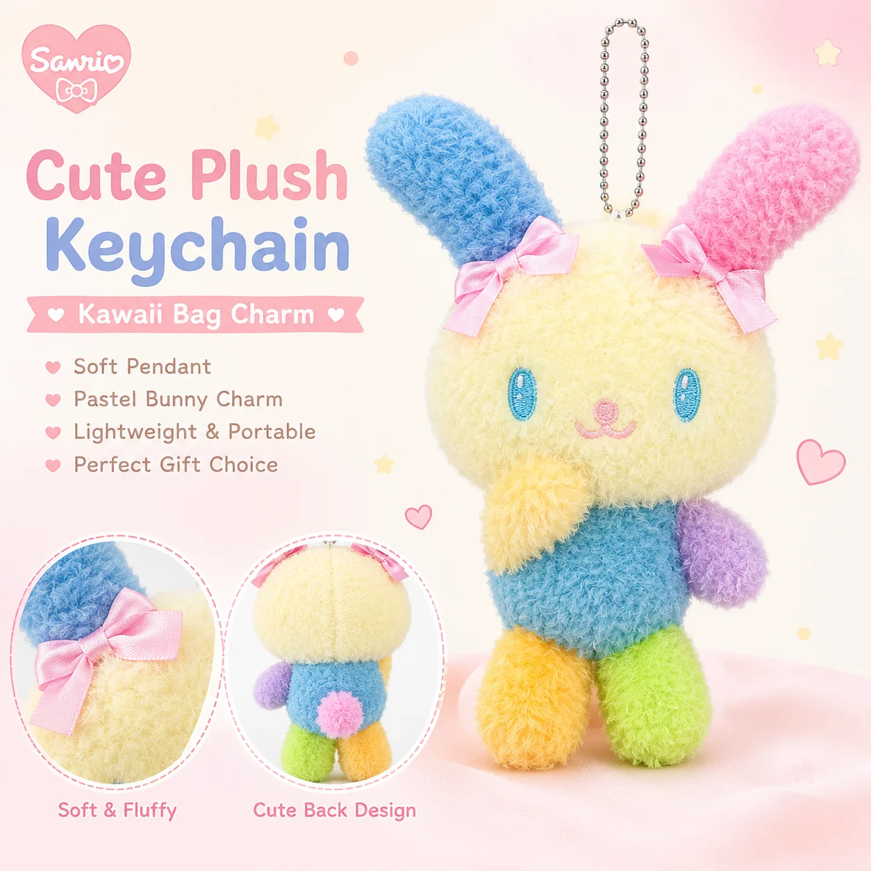 Брелок Sanrio Usahana в пастельных тонах, милый пушистый кролик с бантом, легкий плюшевый кулон-подвеска для женских сумок, аксессуар для сумок