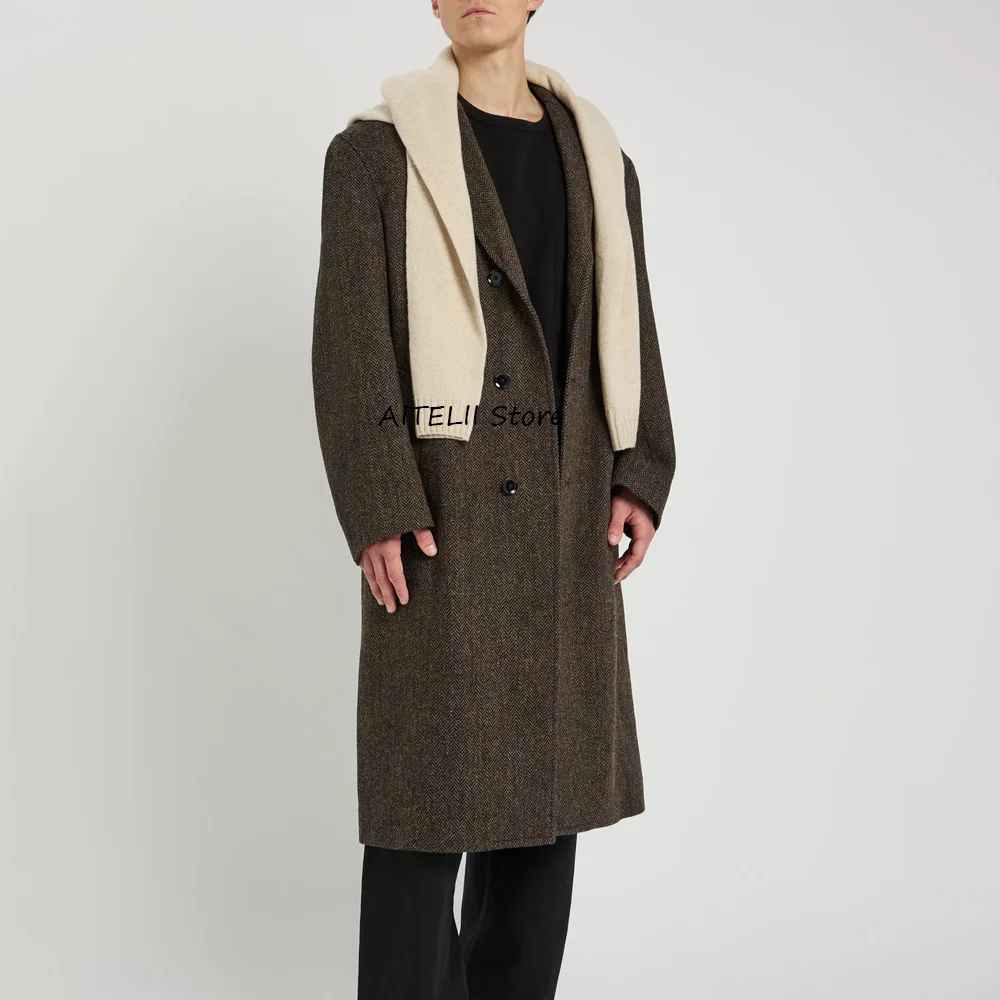 

Мужские длинные пальто, мужские куртки высокого качества, повседневный стиль, однобортные винтажные городские пиджаки из ткани «елочка» с зубчатыми лацканами