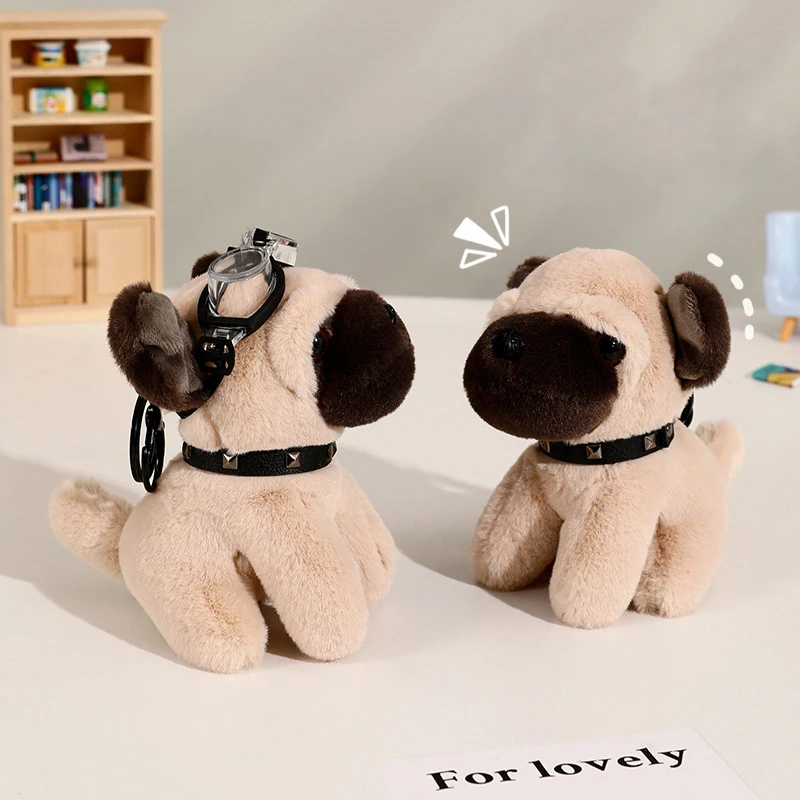 Fashion Original Dumb Pug Dog Animal Car Key Chain Cartoon Black Ears Black Mouth Wearing Sunglasses Apricot Pug Doll Keyring