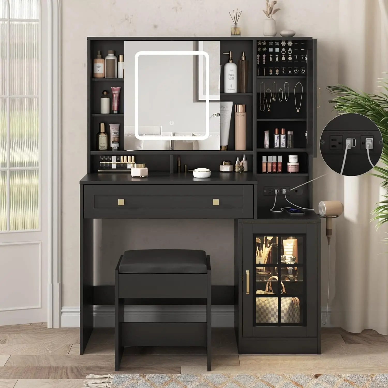 41.8'' Black Makeup Vanity Table with Jewelry Storage & Charging Station, Stool, Large Drawer, Visual Cabinet