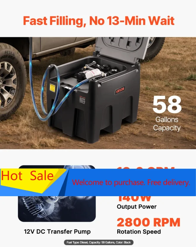 

Portable Diesel Tank, 58 Gallon Capacity & 10 GPM Flow Rate, Fuel Tank with 12V Electric Transfer Pump and 13.1ft Rubber Hose
