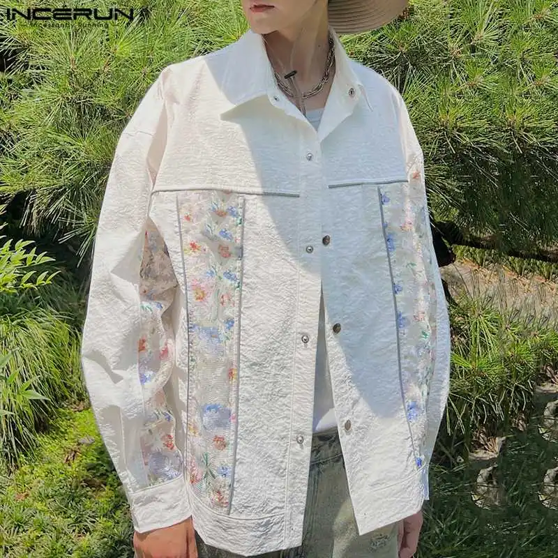 INCERUN Tops 2024 Korean Style Fashion Men Splicing Printed Pattern Shirts Streetwear Reflective Strip Long Sleeved Blouse S-5XL