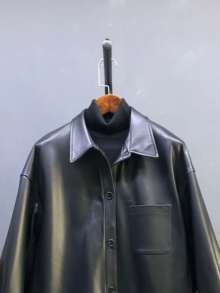 Giacca in vera pelle monopetto con risvolto colorato patchwork stile tempo libero Capispalla da donna a maniche lunghe con tasca in pelle di pecora allentata