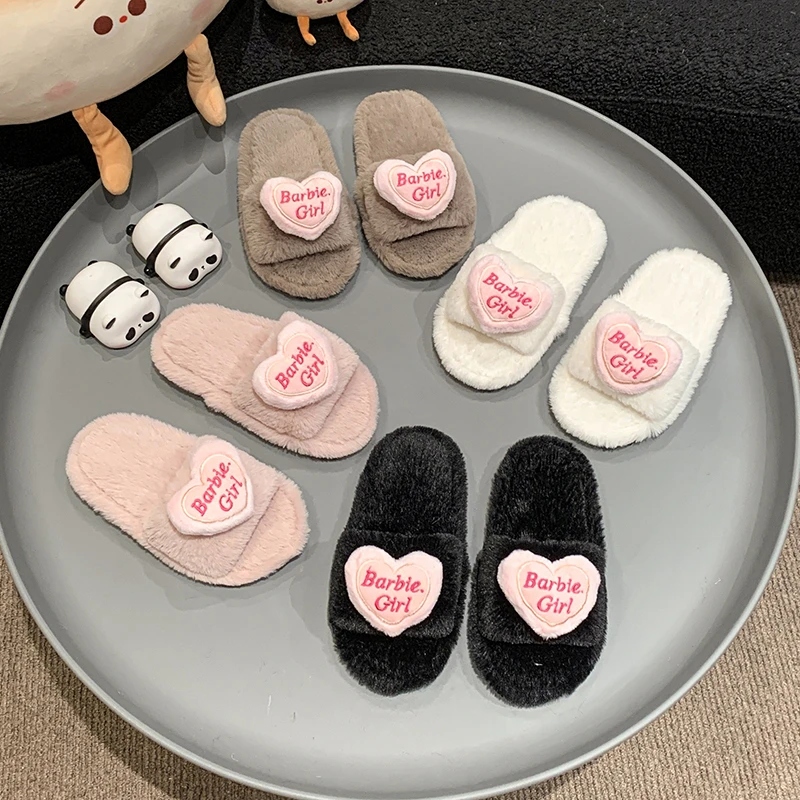 2024 Winter New Children Warm Plush Shoes for Girls Fashion Love Korean Style Anti-slippery Soft Bottom Versatile Chic Slippers